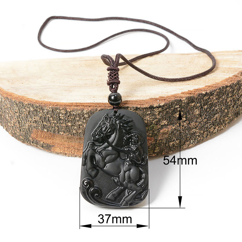 Year of the Horse Monkey Design Black Obsidian Purification Necklace Pendant