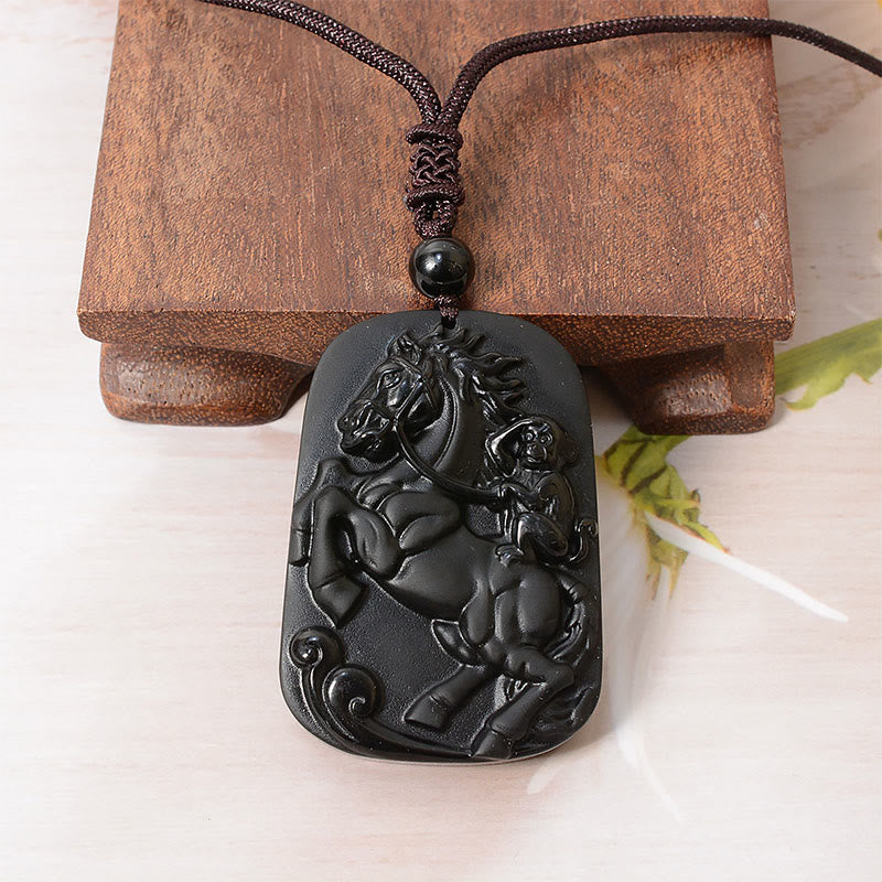 Year of the Horse Monkey Pattern Om Mani Padme Hum Black Obsidian Strength Necklace Pendant