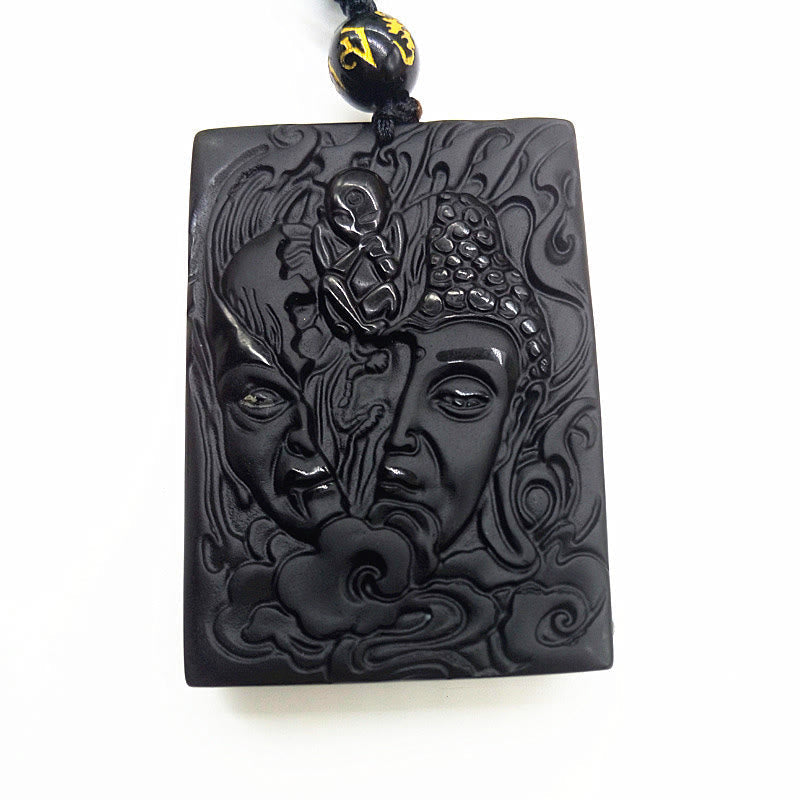 Half Demon Half Buddha Relief Design Black Obsidian Strength Necklace Pendant