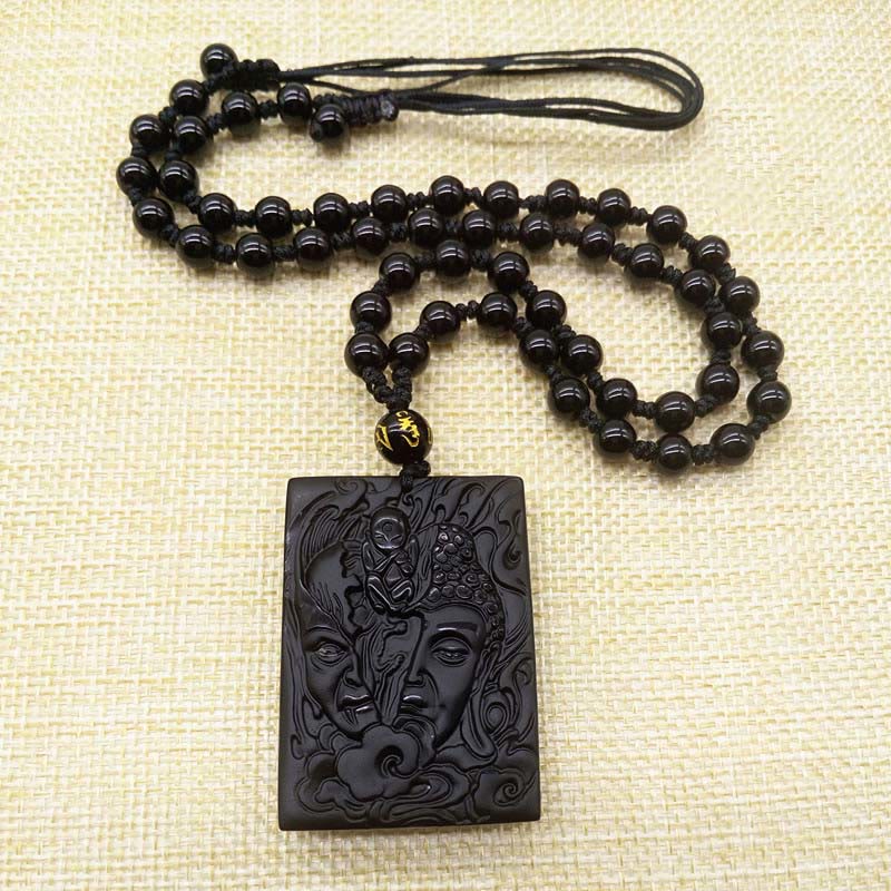 Half Demon Half Buddha Relief Design Black Obsidian Strength Necklace Pendant