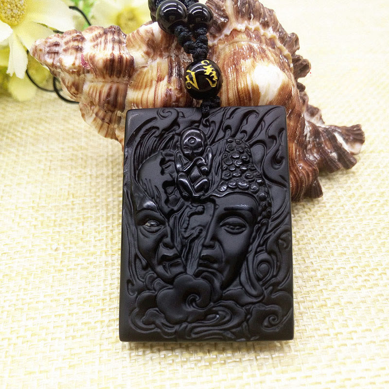 Half Demon Half Buddha Relief Design Black Obsidian Strength Necklace Pendant