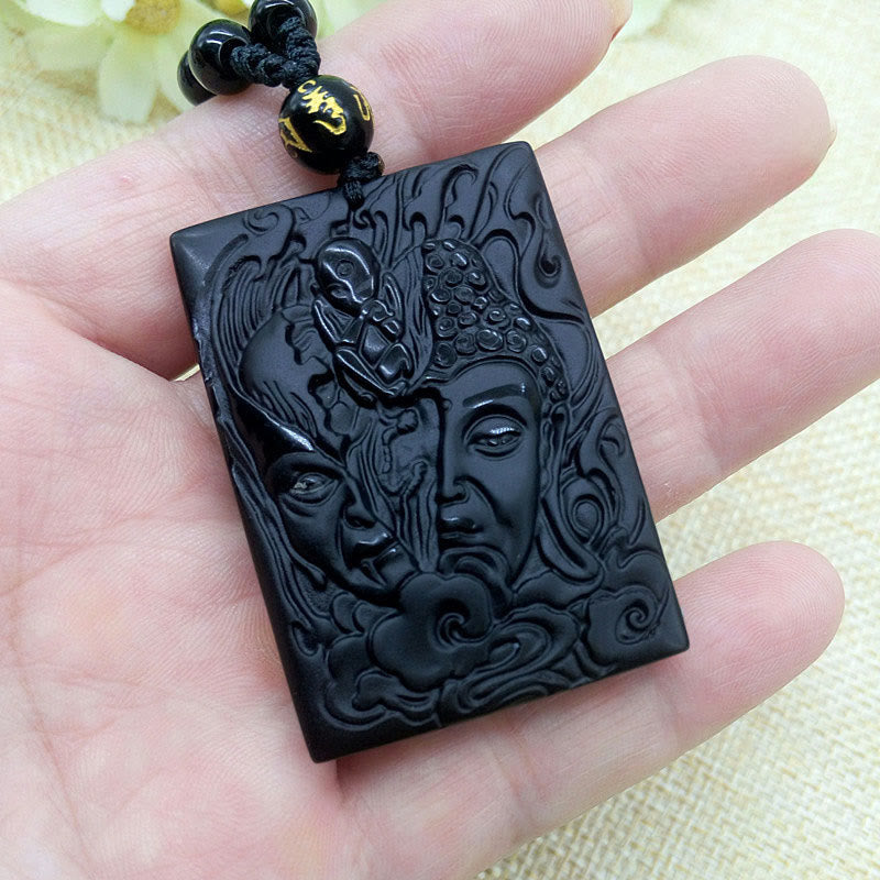 Half Demon Half Buddha Relief Design Black Obsidian Strength Necklace Pendant