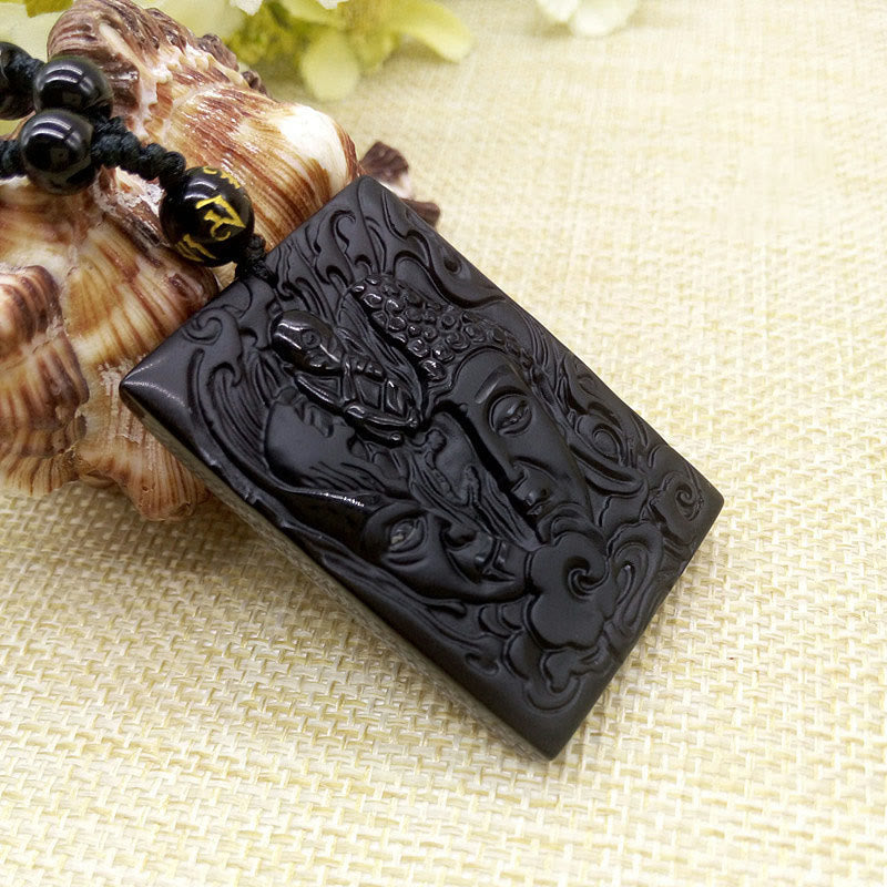 Half Demon Half Buddha Relief Design Black Obsidian Strength Necklace Pendant