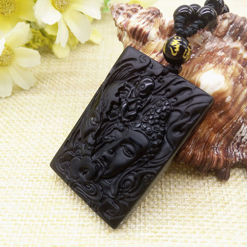 Half Demon Half Buddha Relief Design Black Obsidian Strength Necklace Pendant