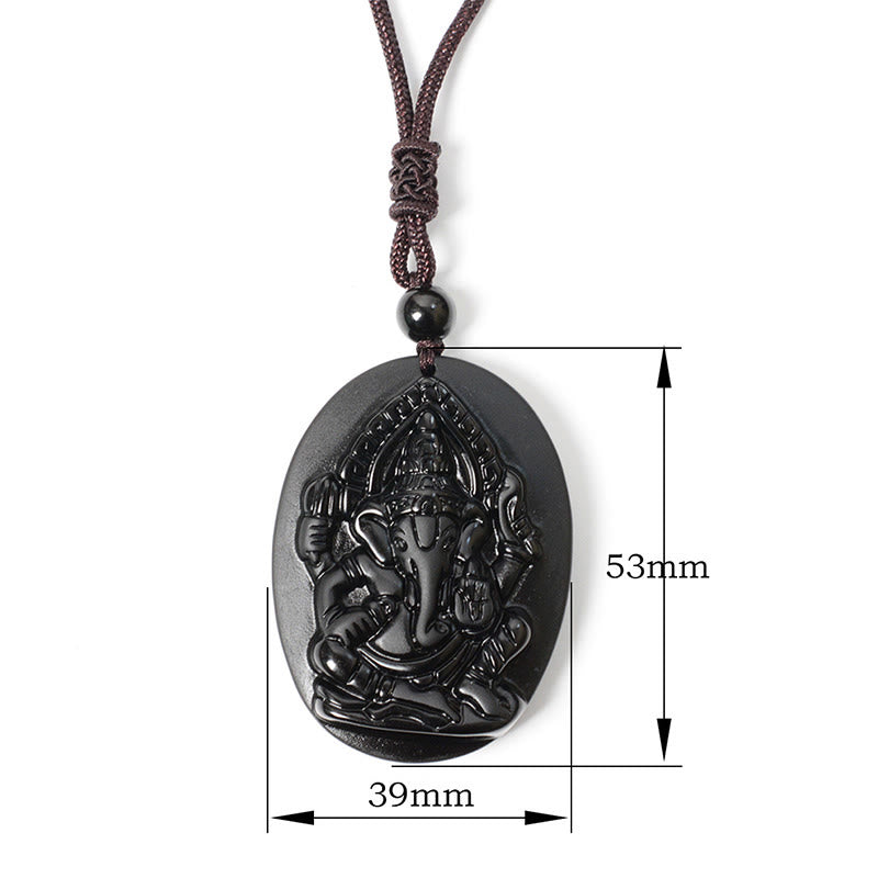 Ganesh Elephant Relief Design Natural Black Obsidian Strength Necklace Pendant