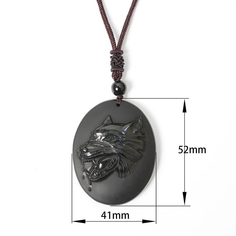 Wolf Head Natural Black Obsidian Strength Necklace Pendant