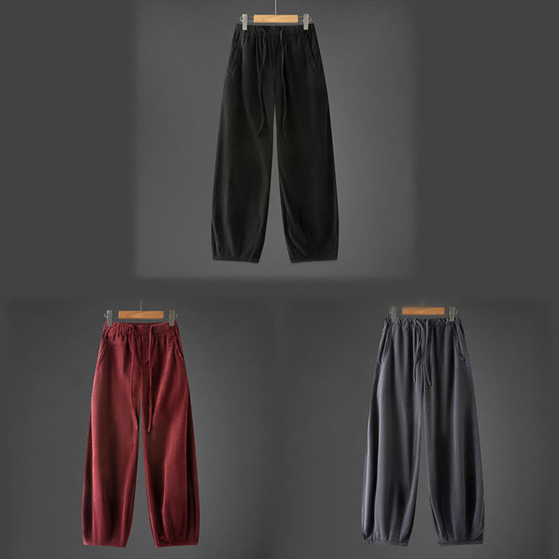 Winter Men's Drawstring Plain Elastic Waistband Design Corduroy Pants With Pockets