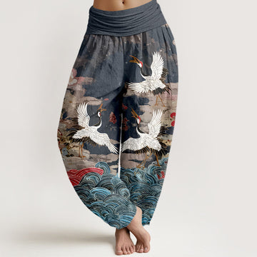 Pure Cotton Crane Motif Mindful Movement Harem Pants