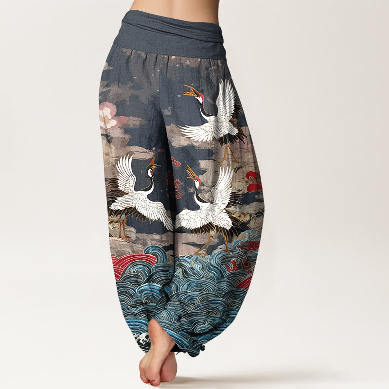 Pure Cotton Crane Motif Mindful Movement Harem Pants