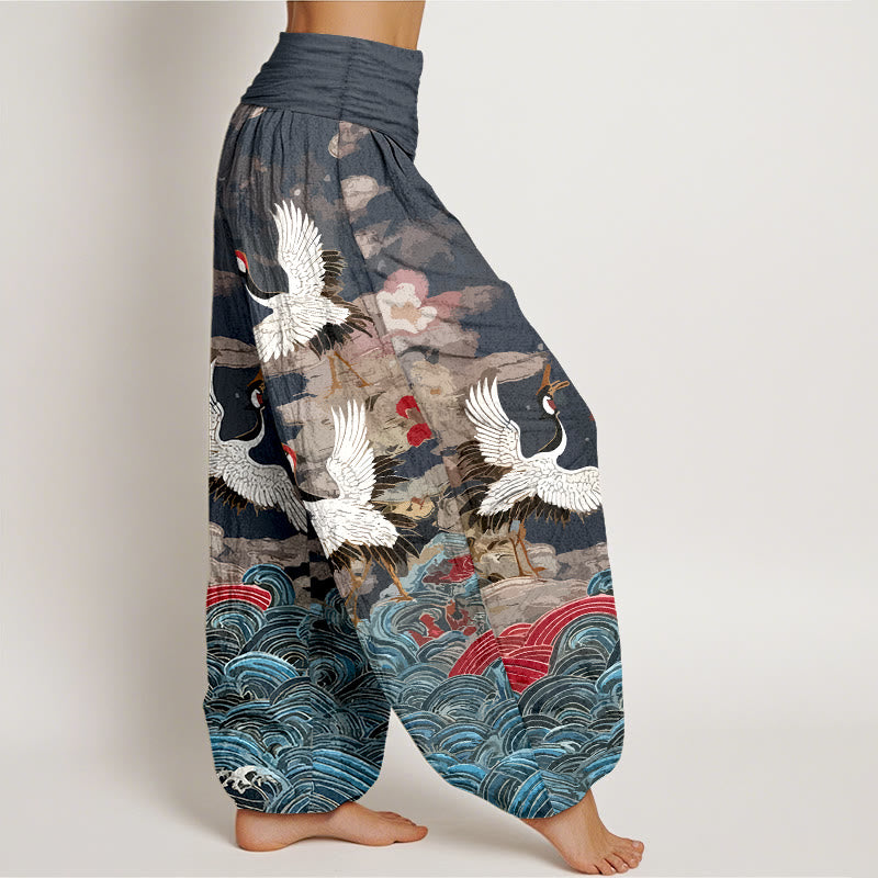 Pure Cotton Crane Motif Mindful Movement Harem Pants