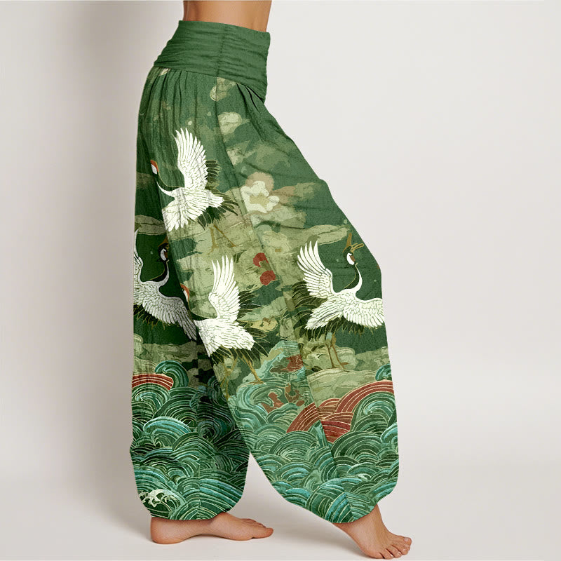 Pure Cotton Crane Motif Mindful Movement Harem Pants