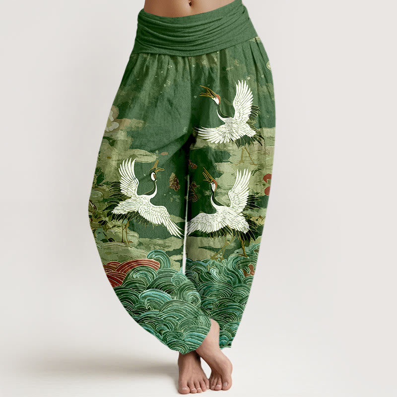 Pure Cotton Crane Motif Mindful Movement Harem Pants