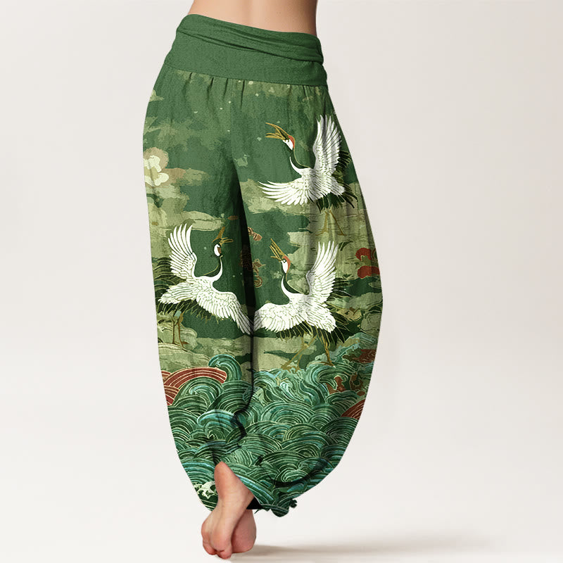 Pure Cotton Crane Motif Mindful Movement Harem Pants