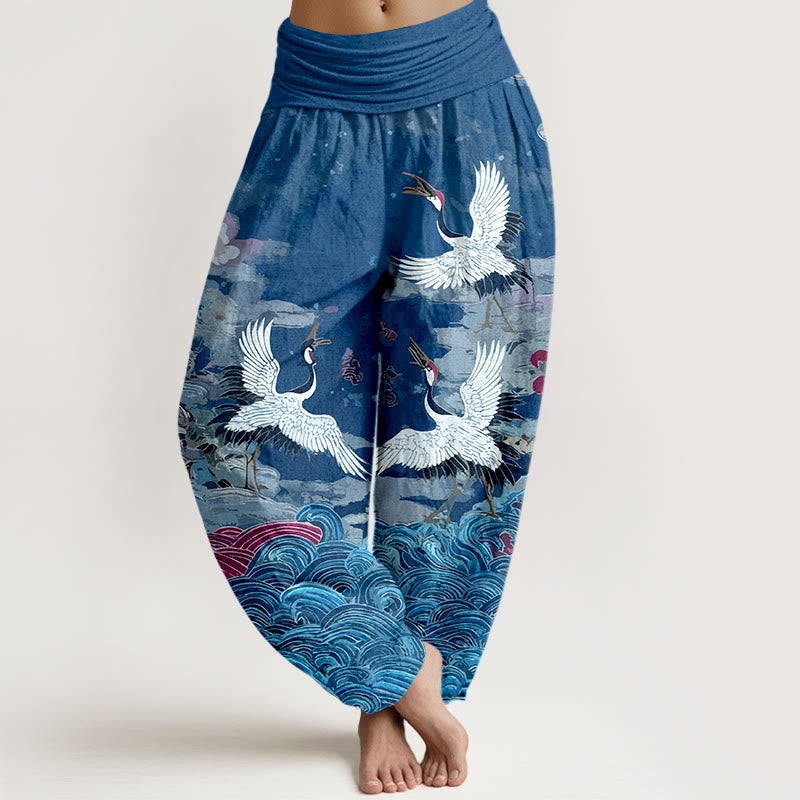 Pure Cotton Crane Motif Mindful Movement Harem Pants
