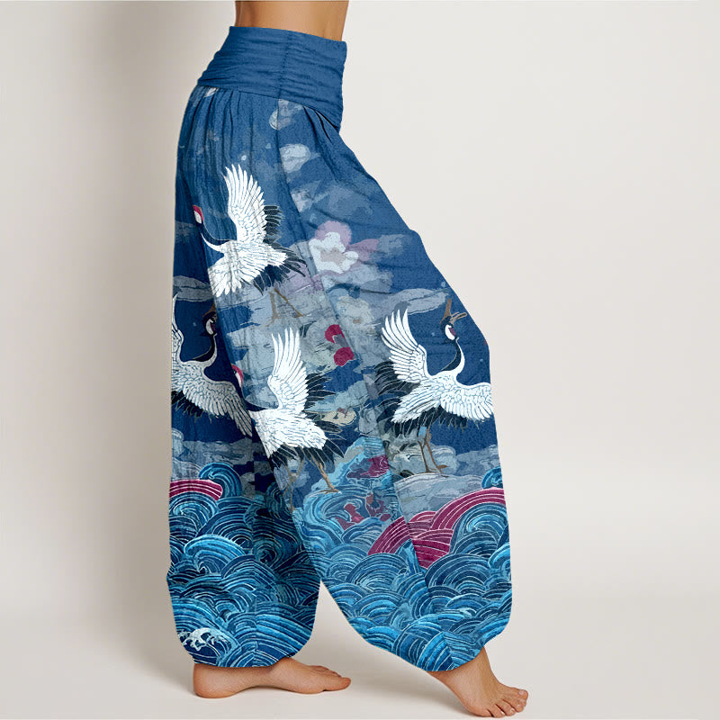 Pure Cotton Crane Motif Mindful Movement Harem Pants