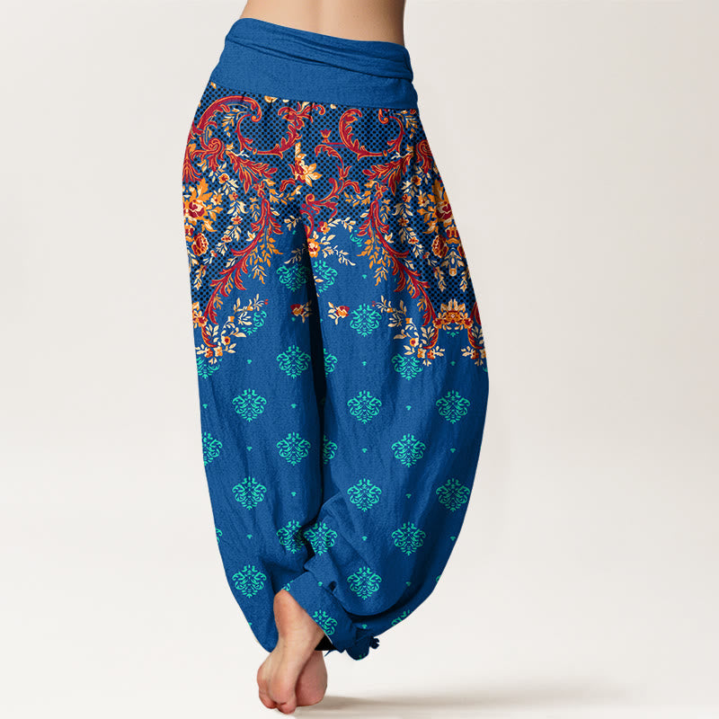 Breathable Cotton Symmetrical Leaf Print Meditation Harem Pants