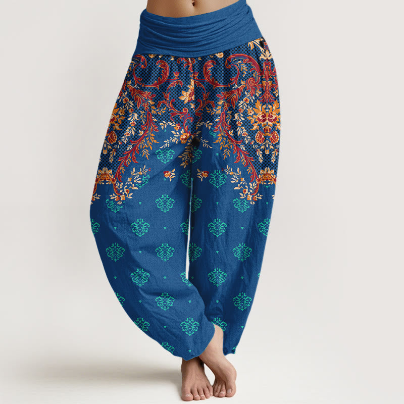 Breathable Cotton Symmetrical Leaf Print Meditation Harem Pants