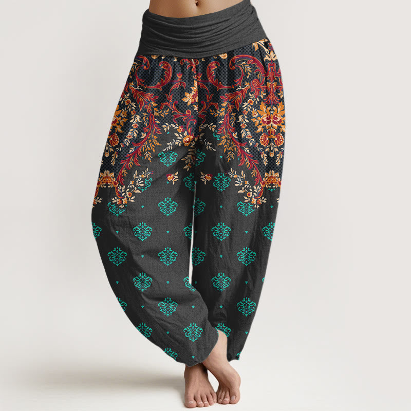 Breathable Cotton Symmetrical Leaf Print Meditation Harem Pants