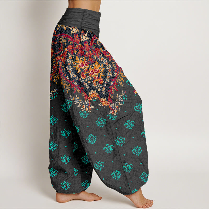 Breathable Cotton Symmetrical Leaf Print Meditation Harem Pants