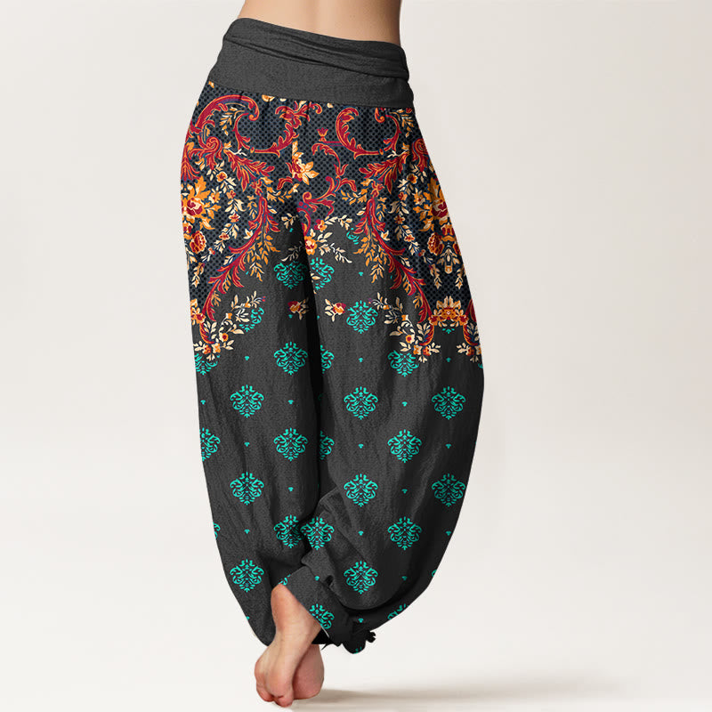 Breathable Cotton Symmetrical Leaf Print Meditation Harem Pants