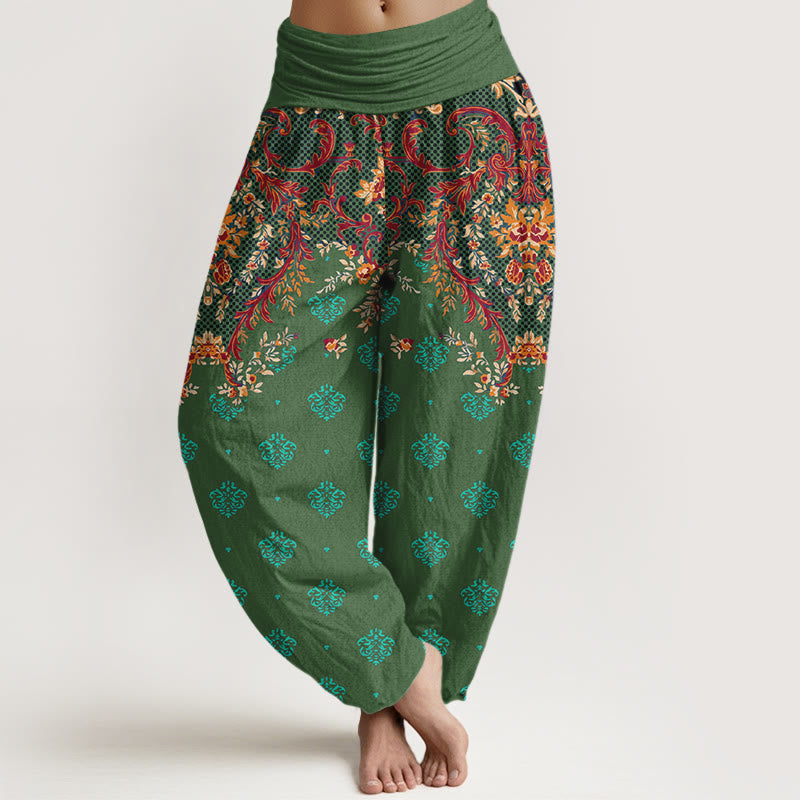 Breathable Cotton Symmetrical Leaf Print Meditation Harem Pants