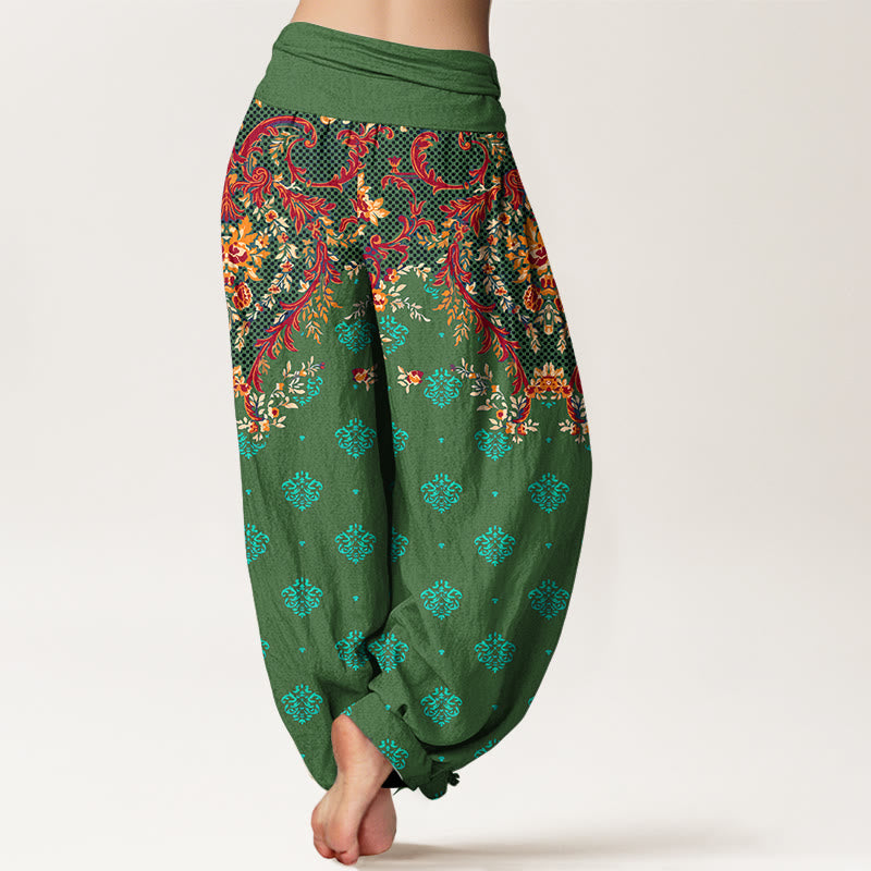 Breathable Cotton Symmetrical Leaf Print Meditation Harem Pants