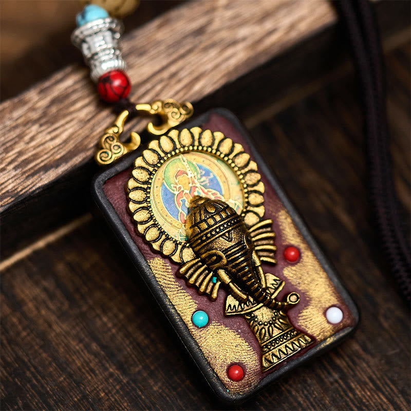 Tibetan Ganesh Ganpati Elephant Ebony Wood Rope Peace Necklace Pendant