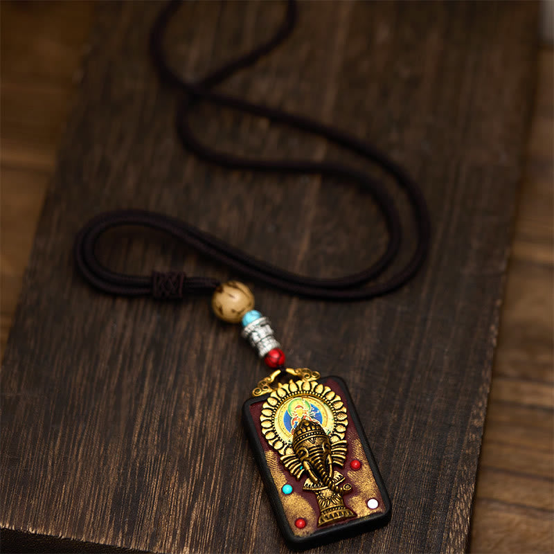 Tibetan Ganesh Ganpati Elephant Ebony Wood Rope Peace Necklace Pendant
