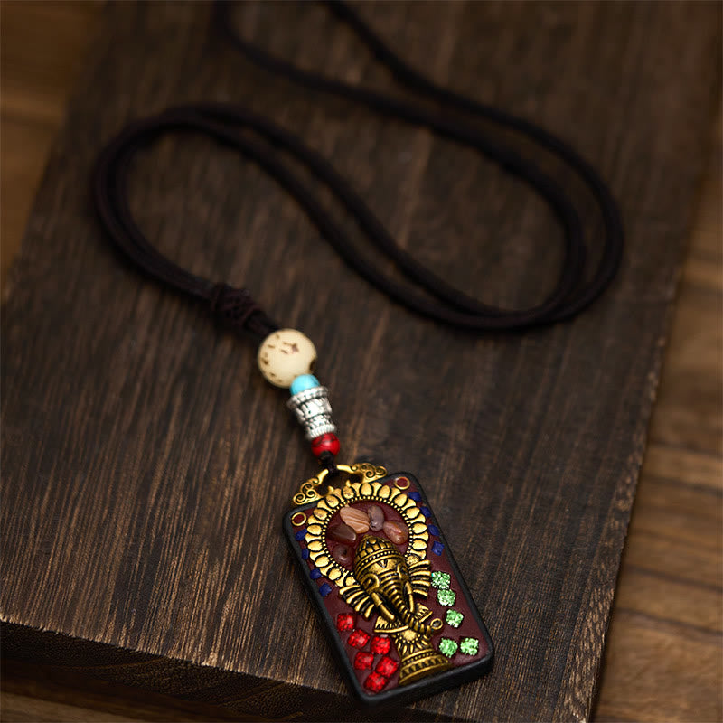 Tibetan Ganesh Ganpati Elephant Ebony Wood Rope Peace Necklace Pendant