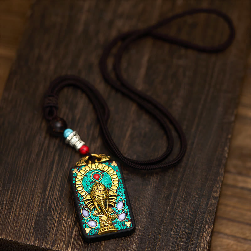 Tibetan Ganesh Ganpati Elephant Ebony Wood Rope Peace Necklace Pendant