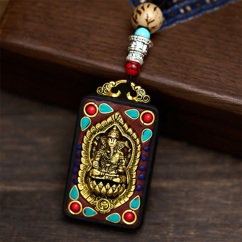 Tibetan Ganesh Ganpati Elephant Ebony Wood Rope Peace Necklace Pendant