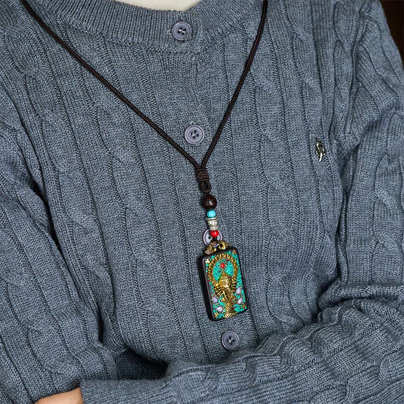 Tibetan Ganesh Ganpati Elephant Ebony Wood Rope Peace Necklace Pendant