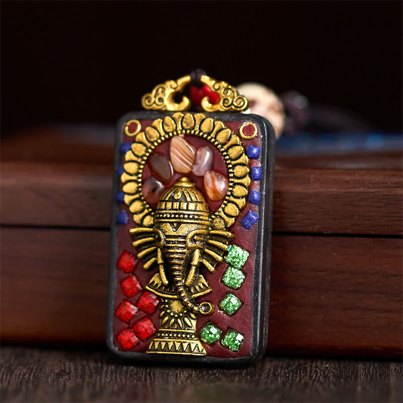 Tibetan Ganesh Ganpati Elephant Ebony Wood Rope Peace Necklace Pendant