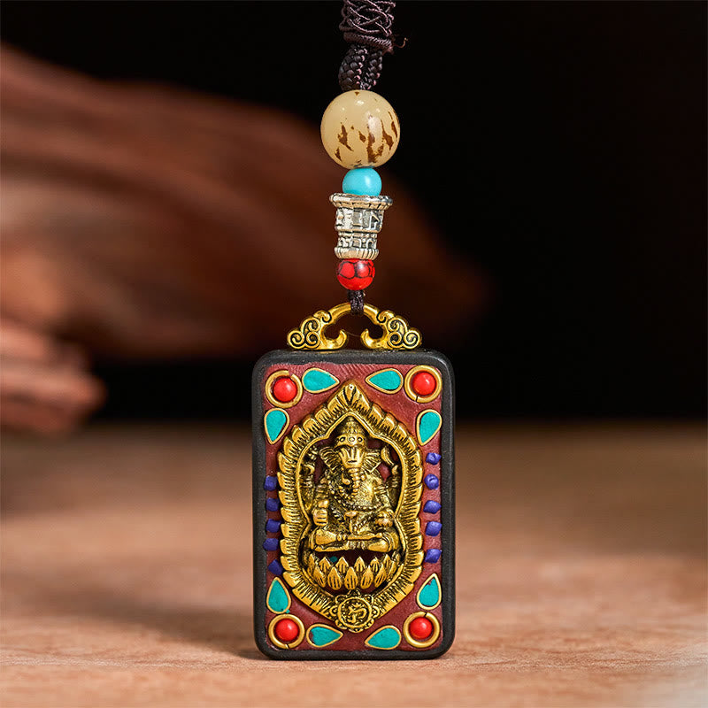 Tibetan Ganesh Ganpati Elephant Ebony Wood Rope Peace Necklace Pendant
