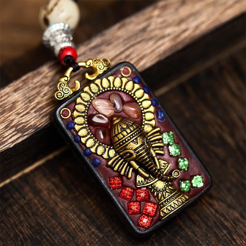 Tibetan Ganesh Ganpati Elephant Ebony Wood Rope Peace Necklace Pendant