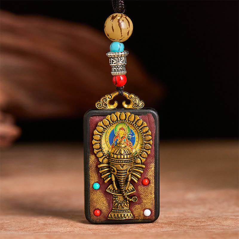 Tibetan Ganesh Ganpati Elephant Ebony Wood Rope Peace Necklace Pendant