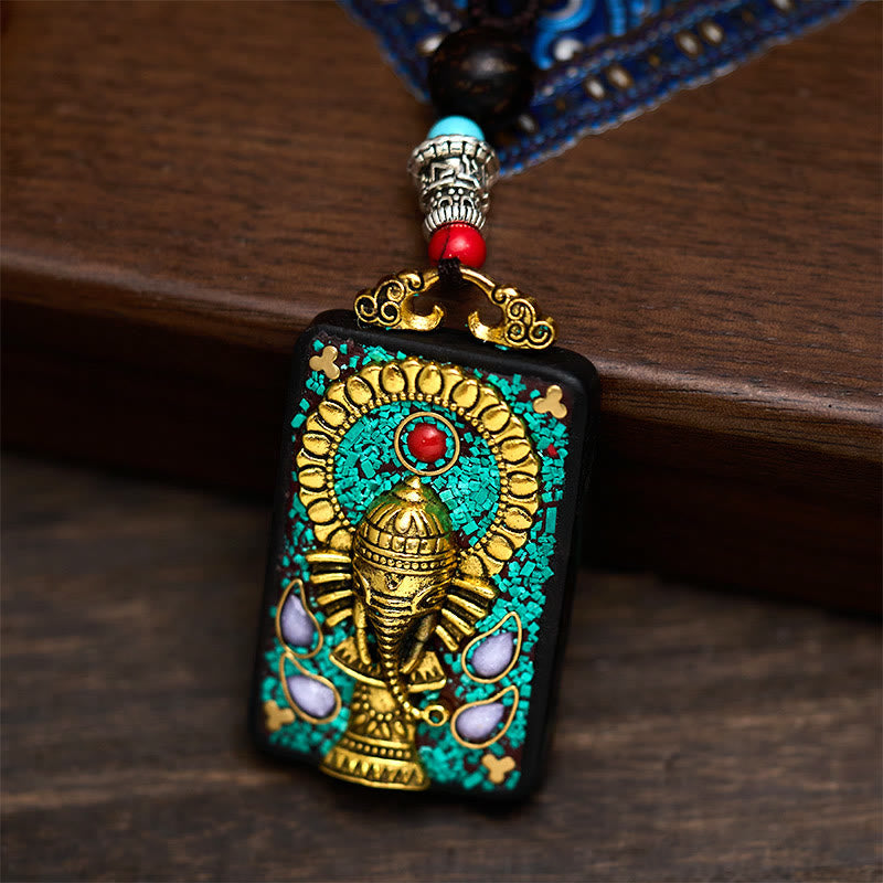 Tibetan Ganesh Ganpati Elephant Ebony Wood Rope Peace Necklace Pendant