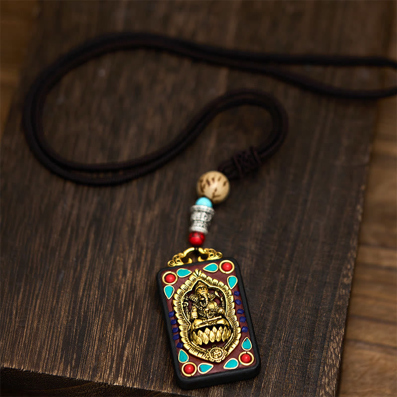 Tibetan Ganesh Ganpati Elephant Ebony Wood Rope Peace Necklace Pendant