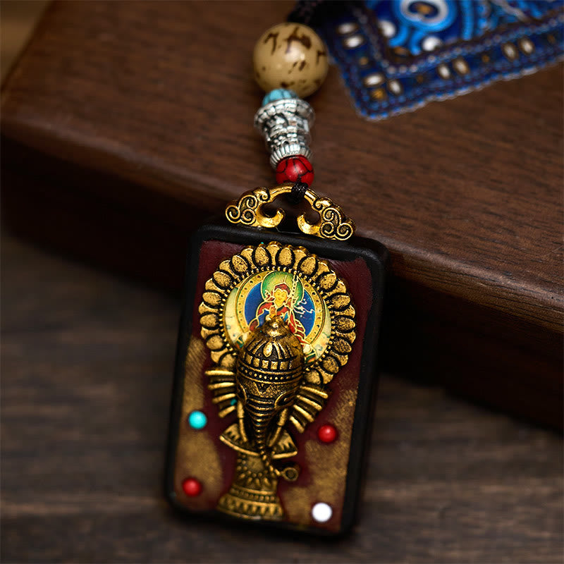 Tibetan Ganesh Ganpati Elephant Ebony Wood Rope Peace Necklace Pendant