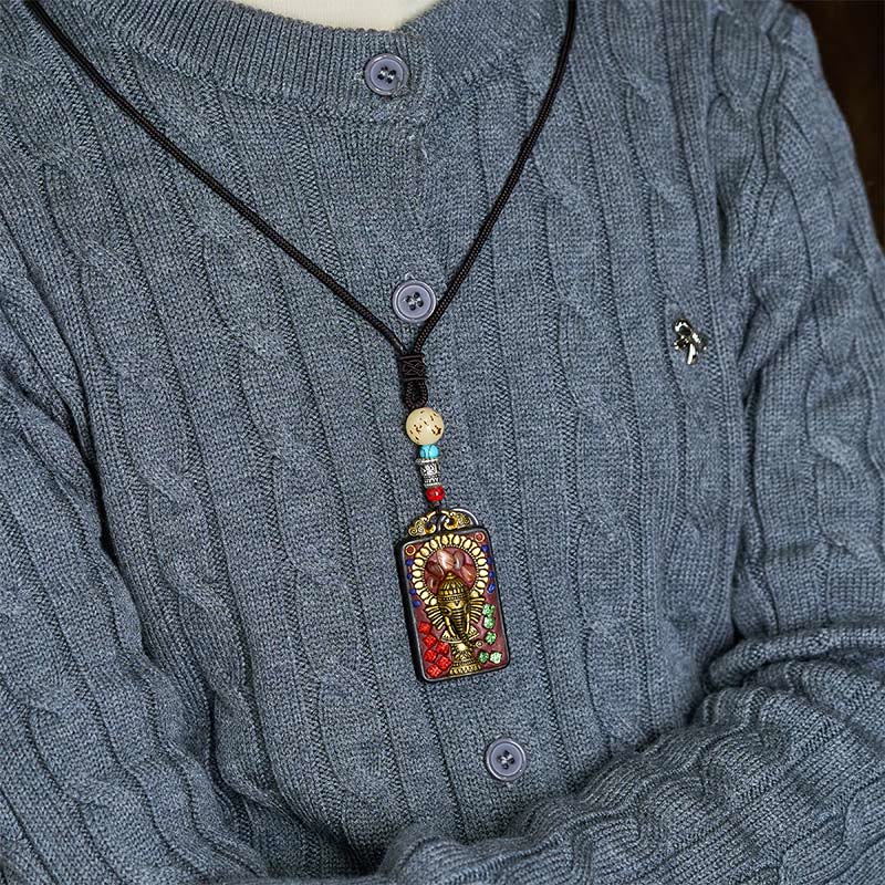 Tibetan Ganesh Ganpati Elephant Ebony Wood Rope Peace Necklace Pendant