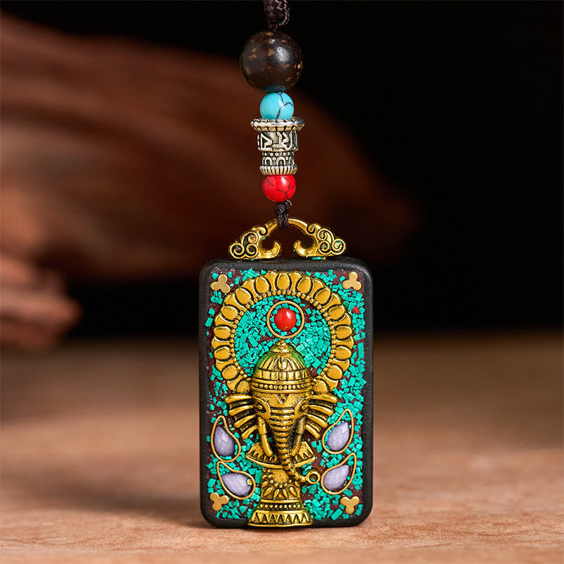 Tibetan Ganesh Ganpati Elephant Ebony Wood Rope Peace Necklace Pendant