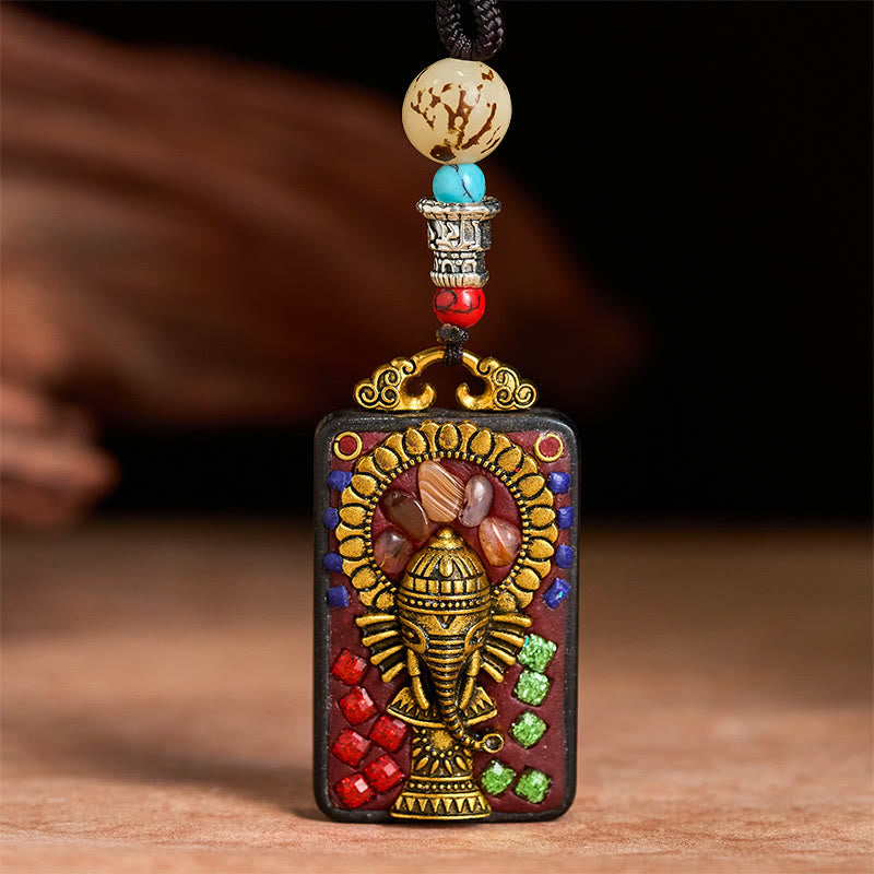 Tibetan Ganesh Ganpati Elephant Ebony Wood Rope Peace Necklace Pendant