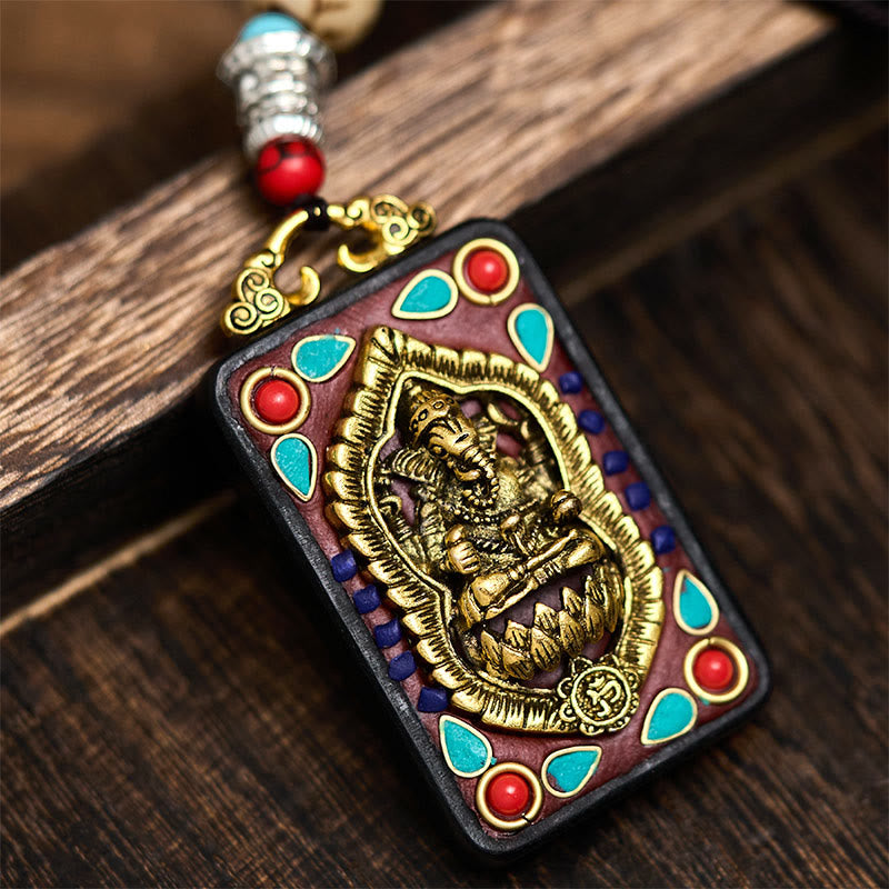 Tibetan Ganesh Ganpati Elephant Ebony Wood Rope Peace Necklace Pendant