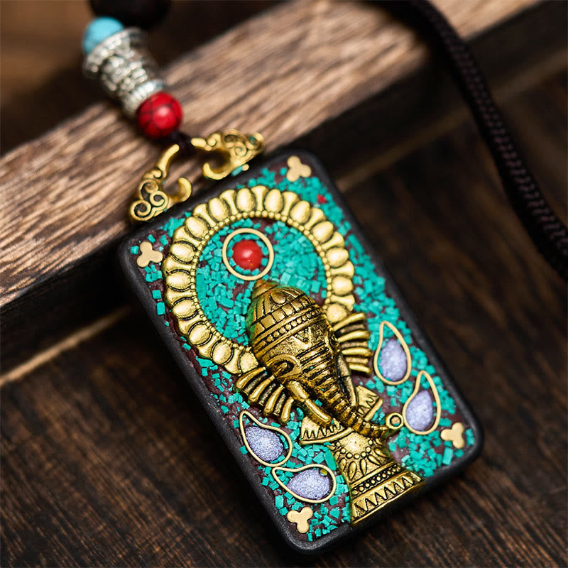 Tibetan Ganesh Ganpati Elephant Ebony Wood Rope Peace Necklace Pendant