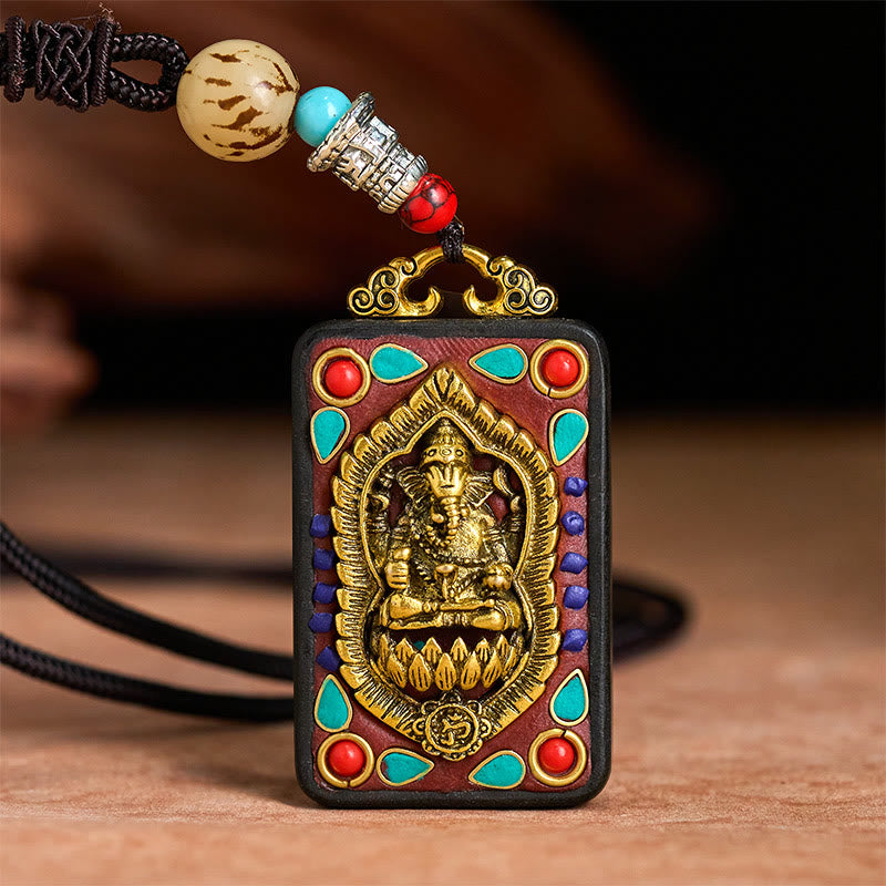 Tibetan Ganesh Ganpati Elephant Ebony Wood Rope Peace Necklace Pendant
