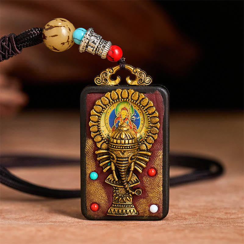 Tibetan Ganesh Ganpati Elephant Ebony Wood Rope Peace Necklace Pendant
