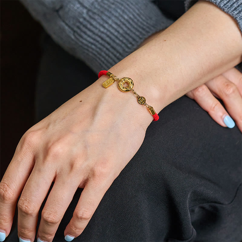 Titanium Steel Ping An Kou & Chinese Coin Red String Connection Bracelet