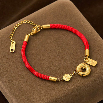 Titanium Steel Ping An Kou & Chinese Coin Red String Connection Bracelet