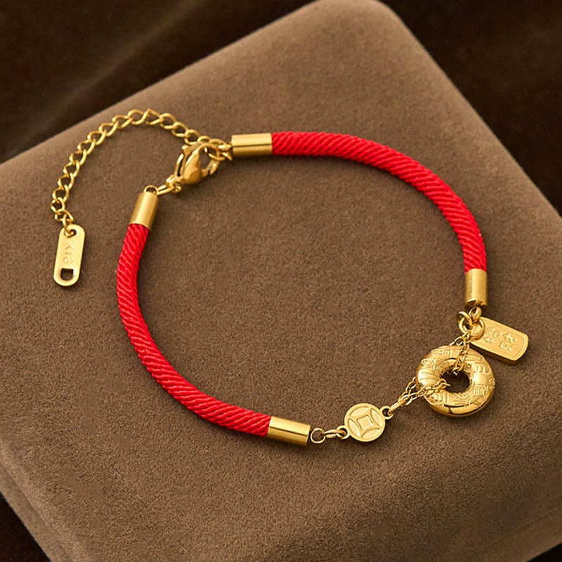 Titanium Steel Ping An Kou & Chinese Coin Red String Connection Bracelet