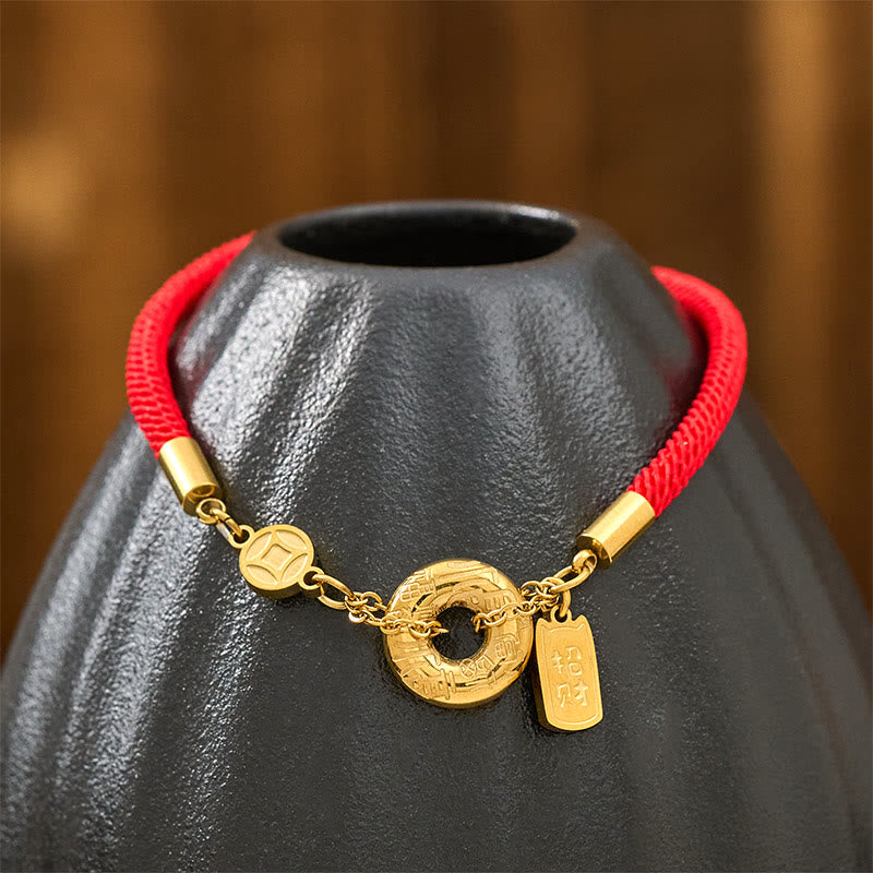 Titanium Steel Ping An Kou & Chinese Coin Red String Connection Bracelet